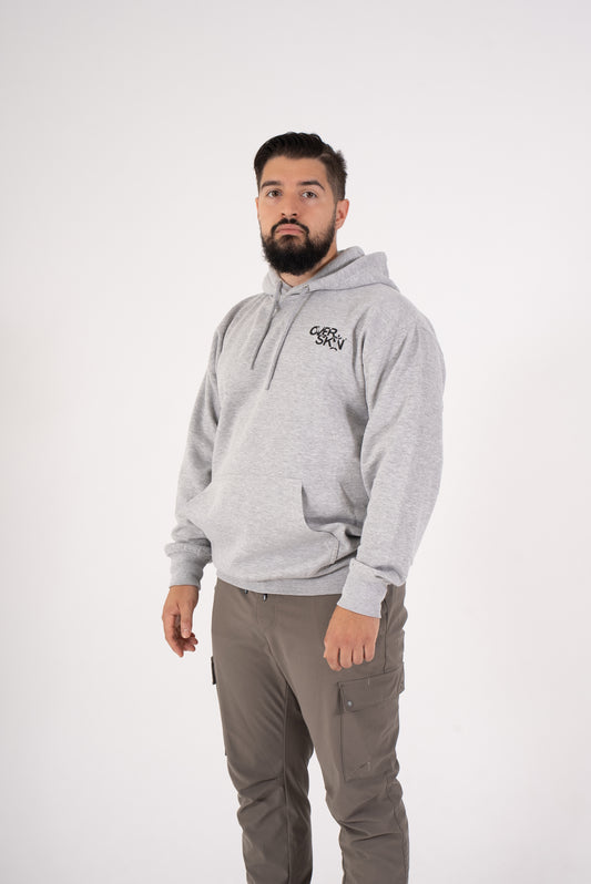 HEATHER GREY HOODIE WITH BLACK LOGO