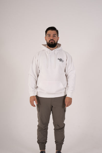 WHITE HOODIE WITH BLACK LOGO